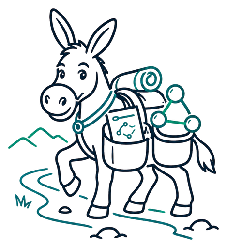 Cartoon mule carrying connected Kad nodes across a trail.