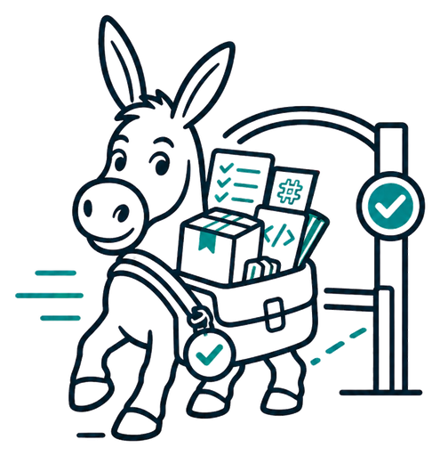 Cartoon mule hauling release packages and checks.