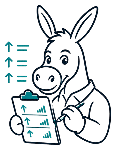 Cartoon mule carrying an upload arrow and a clipboard.